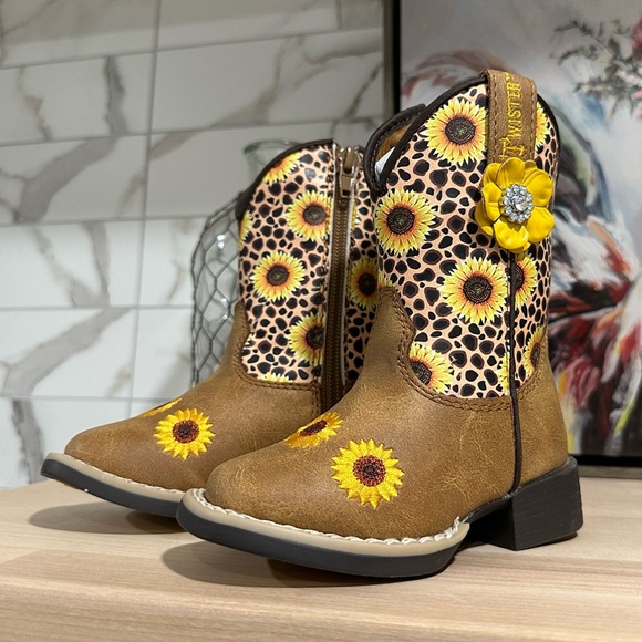New! Twister Toddler Sunnies Tan & Cheetah Sunflowers Square Toe Cowboy Boots - Picture 15 of 15